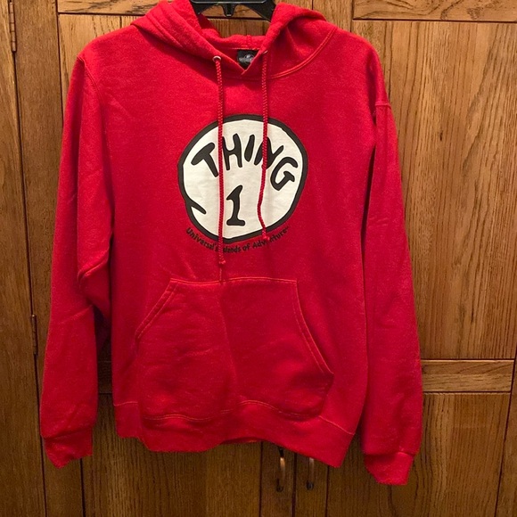 Universal Studios Fruit o/t Loom “THING 1” Hoodie Long Sleeve Red Sz S Pre-owned - Picture 1 of 4
